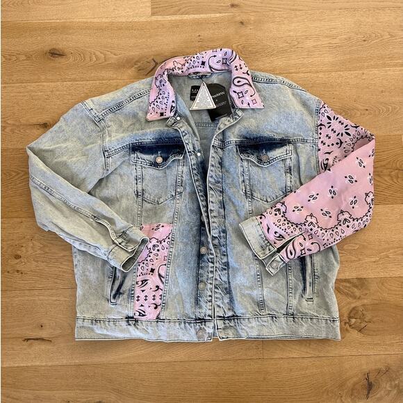 Boohoo Man - Oversized Patchwork Print Denim Jacket in Blue & Pink - Picture 1 of 4